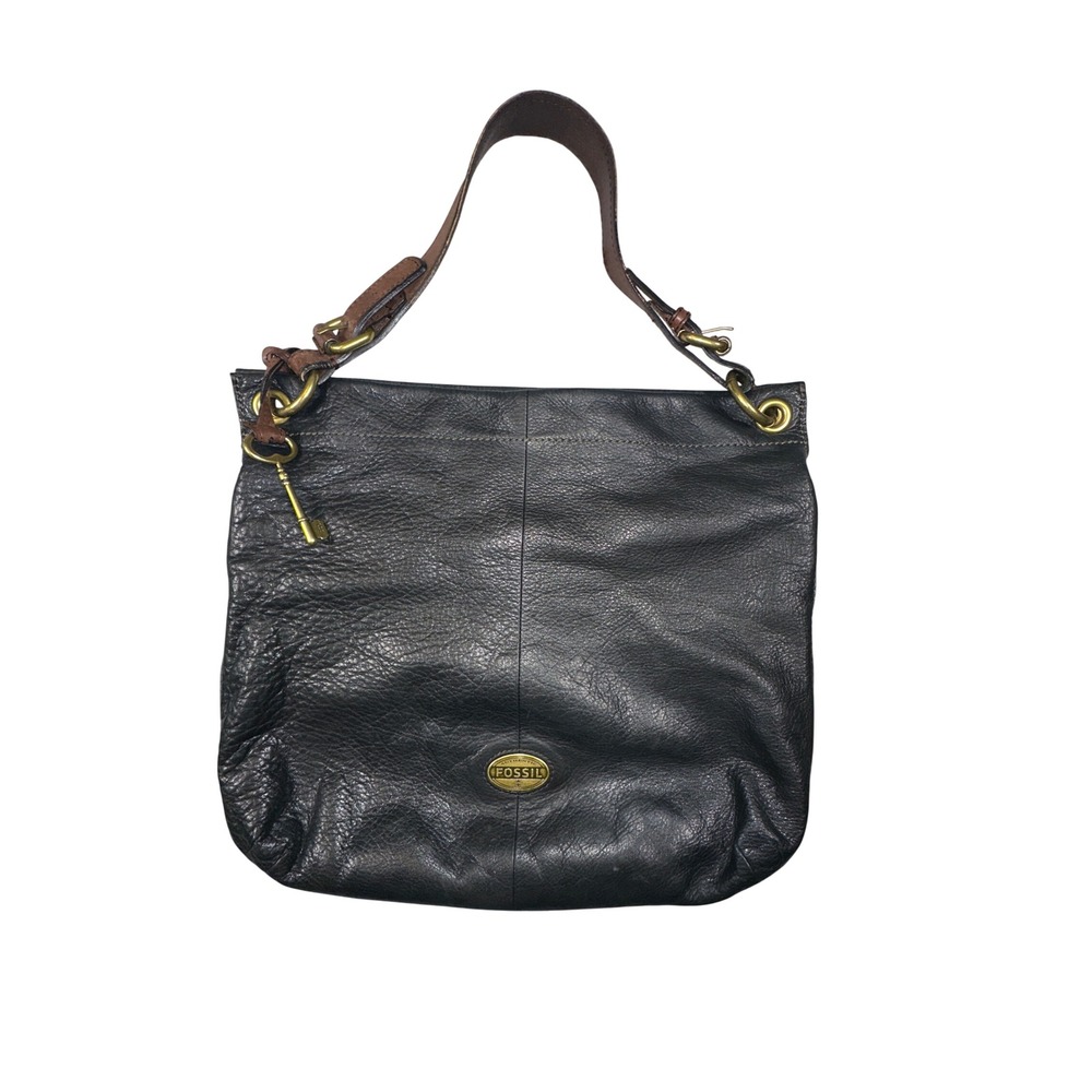 Fossil Black Pebbled Leather Hobo Bag Brown Trim Brass Hardware Key Charm